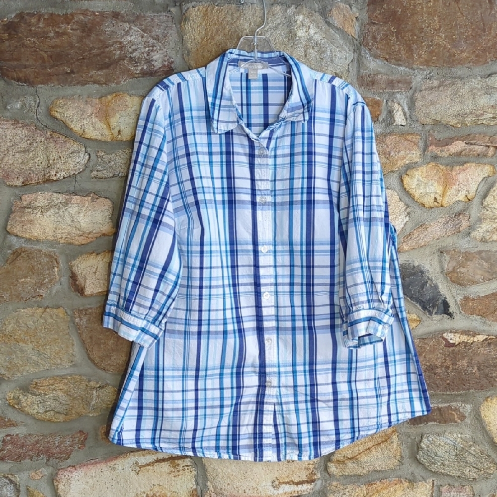 Woman Within Classic Blue And White Plaid Button Down Shirt